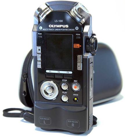 The LS-100 Audio Recorder sitting upright with the screen facing forward