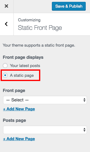 Screenshot of selecting static front page in WordPress