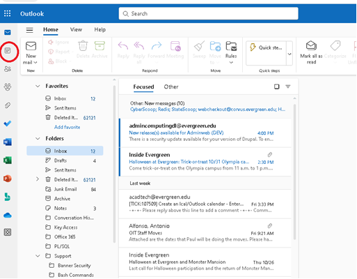 The second step of adding the Faculty Dates and Deadlines calendar to your own outlook. It shows the relative position of the calendar icon in the mail view circled in red.