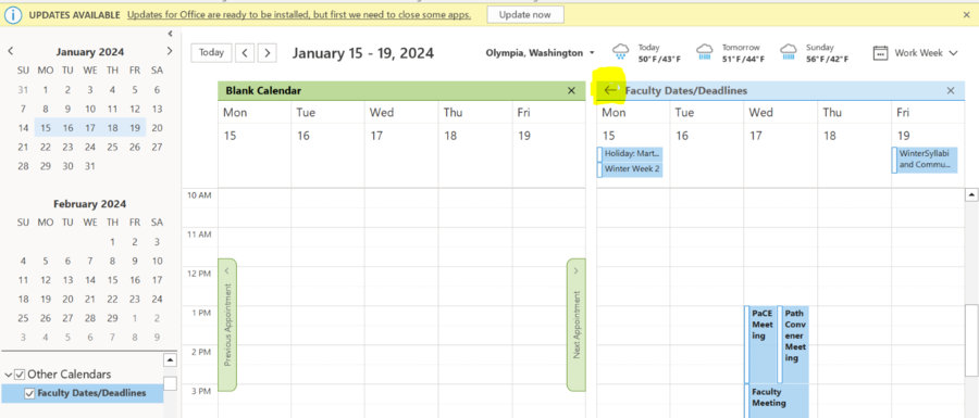 This is the default outlook view with the overlap arrow highlighted in yellow.