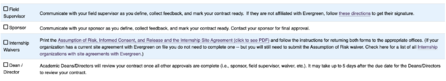 Screenshot of default internship contract (INT) approvals with instructions listed to the right of each approval.