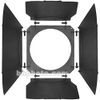 Black metal barn doors for a studio light, shown open around a circular mounting frame.