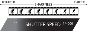 Graphic displaying exposure qualities of shutter speed. Bigger numbers equate to longer exposures resulting in more light and motion blur. Original work by Caelin Eddy.