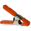 Metal spring clamp with orange plastic grips.