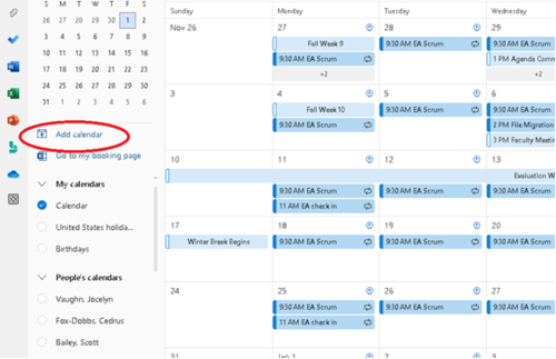 The third step of adding the Faculty Dates and Deadlines calendar to your own outlook. It shows the relative position of the "Add calendar" option on the calendar view.