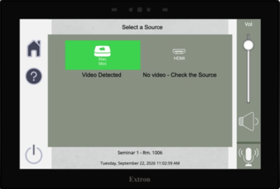 This is an image of the Extron home screen, it contains the options to select Mac Mini or HDMI as the output centrally located, as well as volume bar on the right side and a microphone mute in the bottom left corner, power option in the bottom right corner.