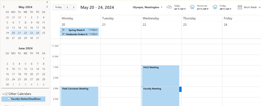 An example view of the Faculty Dates and Deadlines calendar on the Outlook application.