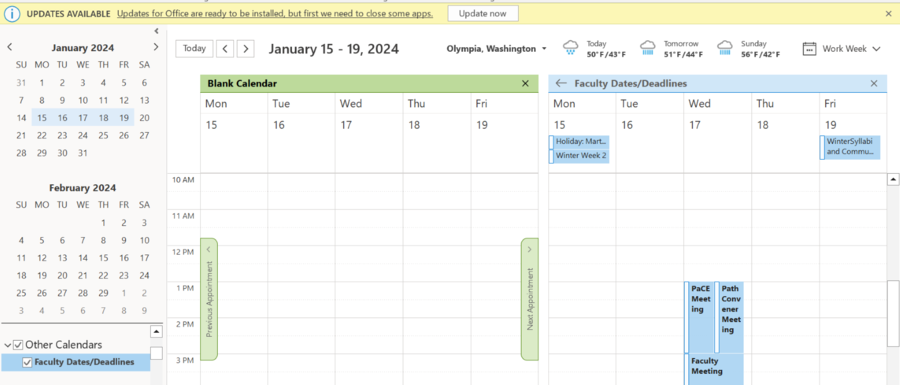 This is the default view of the Faculty Dates and Deadlines calendar when opening outlook for the first time after importing it. This specific screenshot shows a personal calendar in green and the Faculty Dates and Deadlines imported calendar in blue. The calendars are separated.